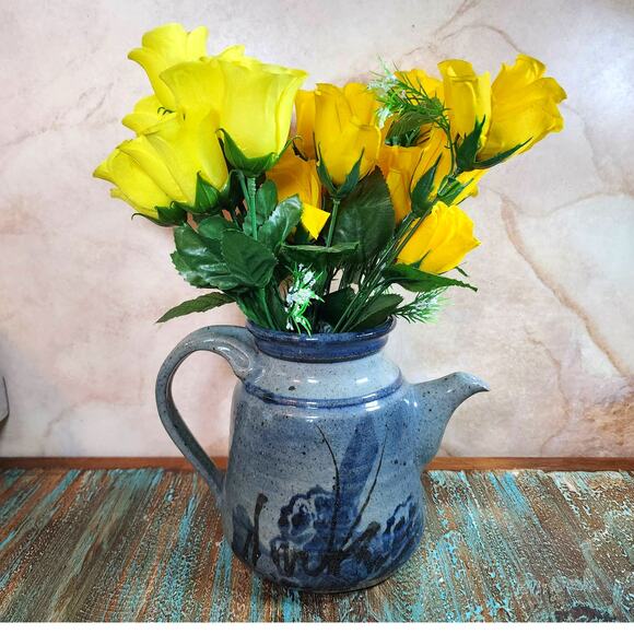 Signed Handcrafted MCM Floral Ceramic Pitcher-Mid Century Pottery-Artist Signed - Picture 9 of 10